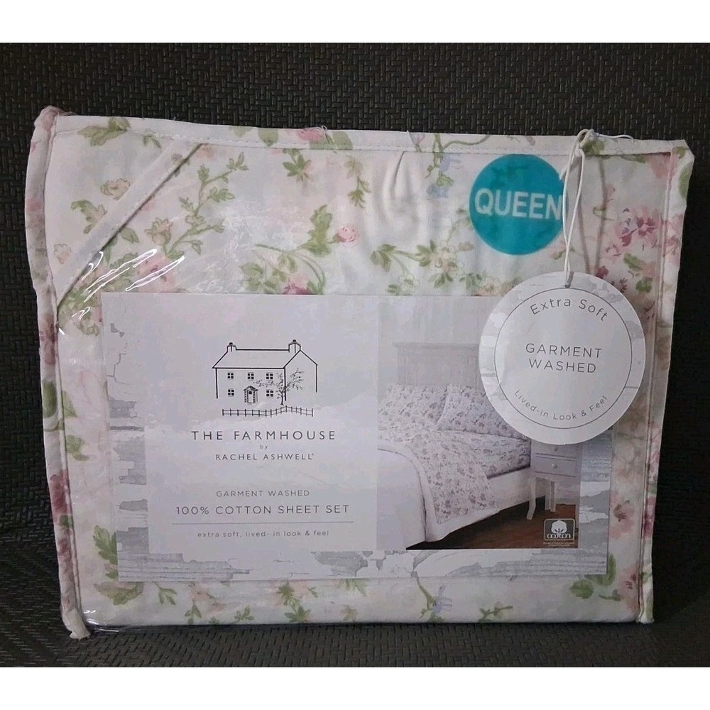 NIP Rachel Ashwell Farmhouse Queen Floral Sheet Set Cream Pink Green Blue Purple